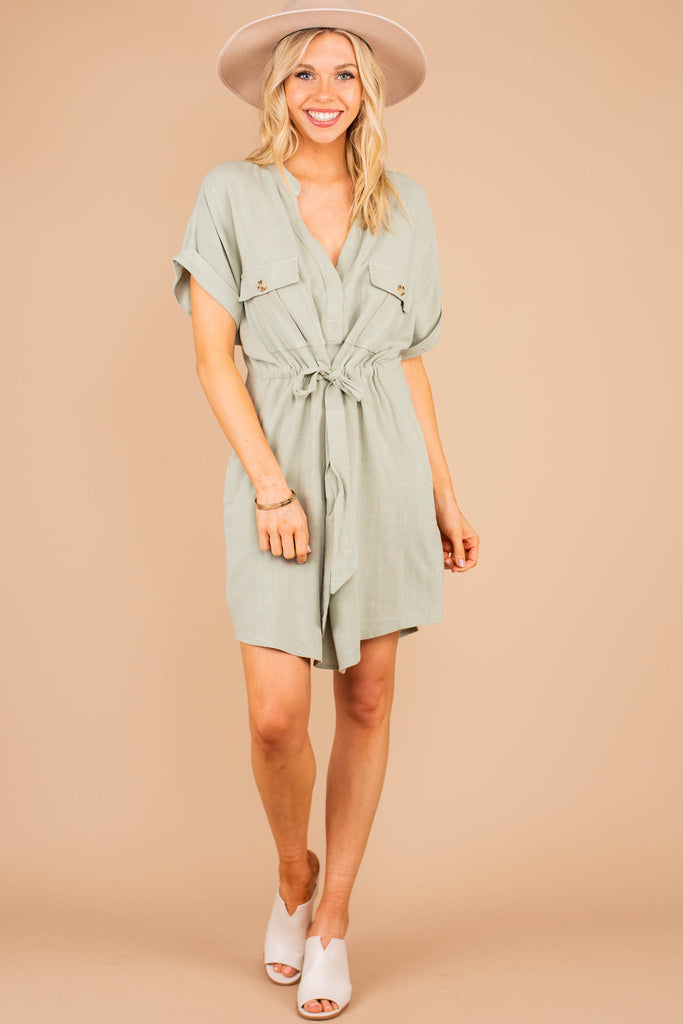 Casual Sage Green Utility Dress - Tied Waist Dress – The Mint Julep ...