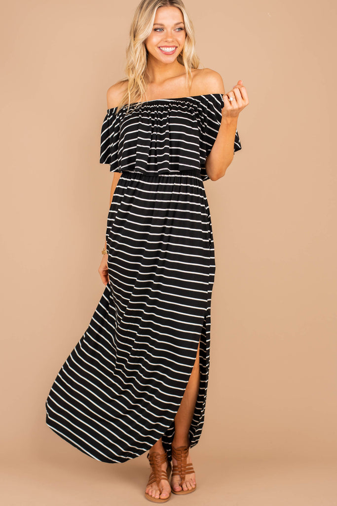 Casual Comfy Black Striped Maxi Dress - Off Shoulder Maxi Dress – The ...