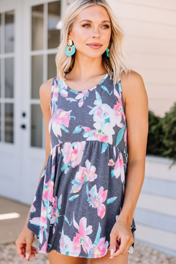 Cute Comfy Navy Blue Floral Tank -Babydoll Tank – Shop The Mint