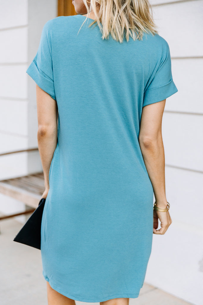 Light Summer Dusty Teal Blue T-shirt Dress - Boutique Styles – Shop The ...