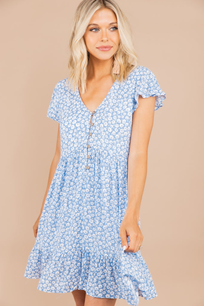 Sweet Light Blue Floral Dress - Trendy Boutique Clothing – Shop The Mint