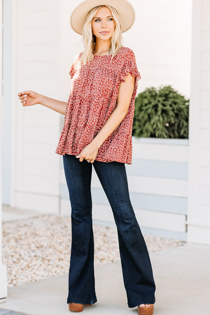 Feminine Rust Red Ditsy Floral Top - Fall Trendy Tops – Shop The Mint