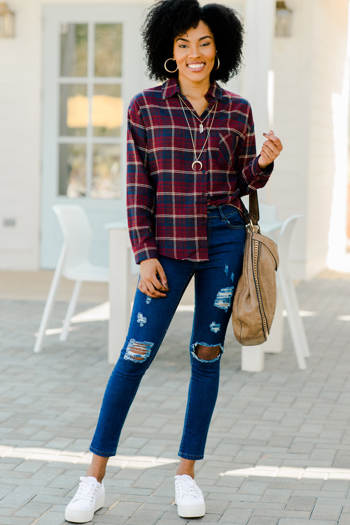 Classic Burgundy Red Plaid Button Down Top - Fall Tops – Shop The Mint