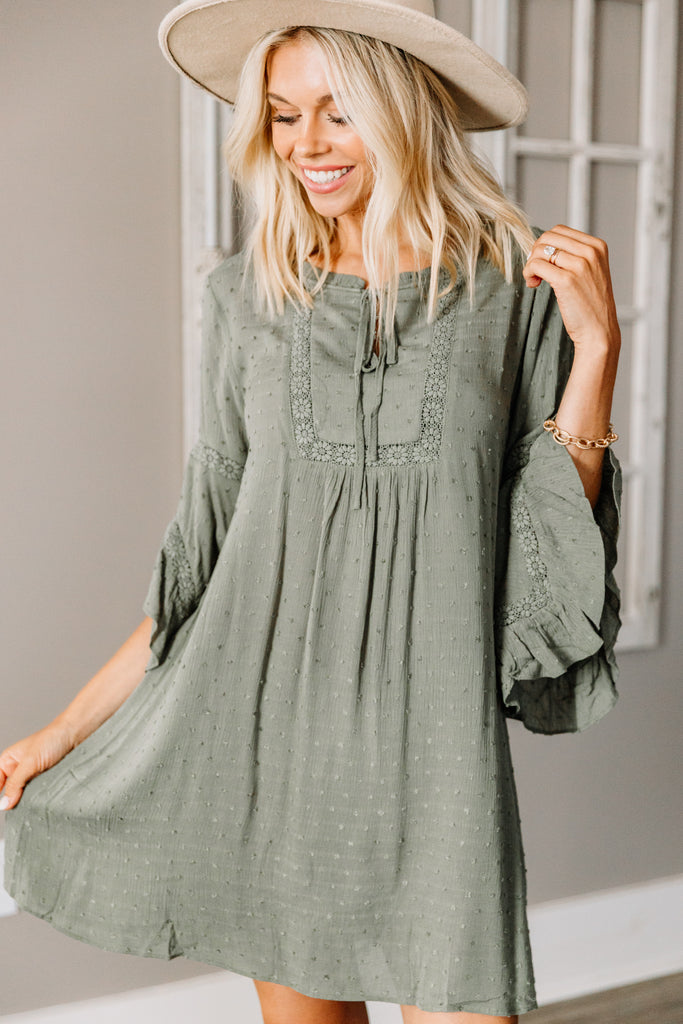Boho Olive Green Swiss Dot Dress - Boho Fall Dress – Shop The Mint