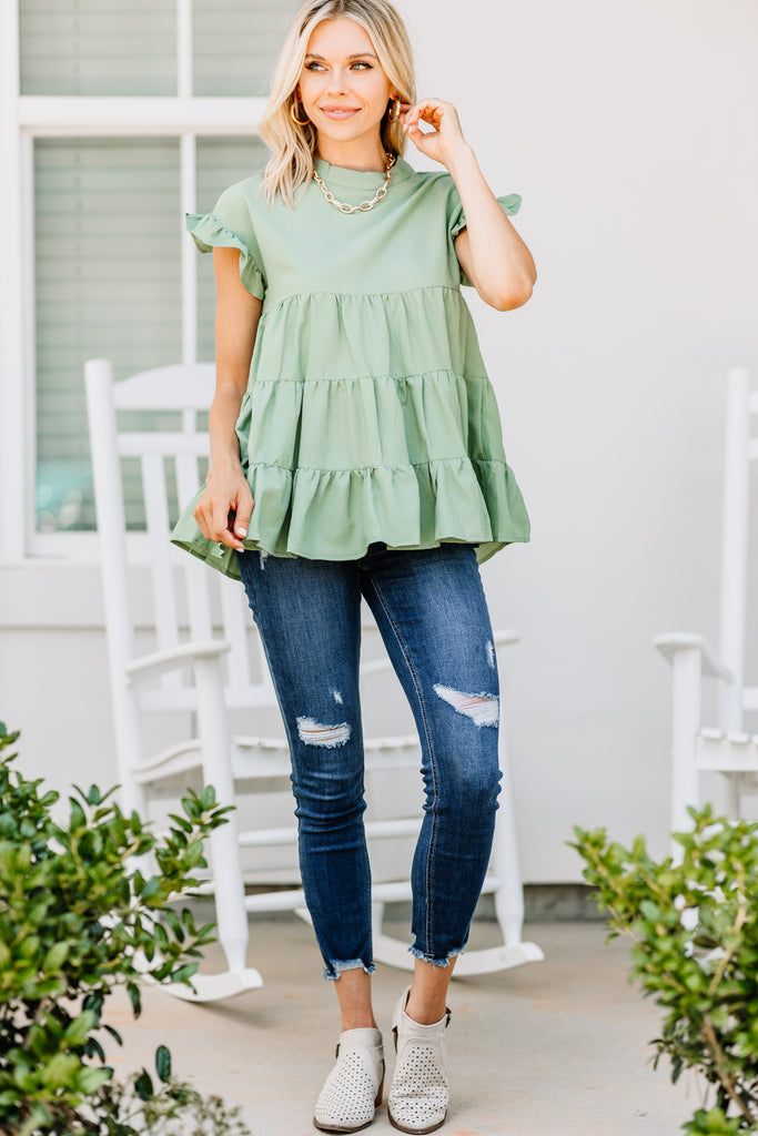 Casual Sage Green Tiered Top - Babydoll Tops – Shop The Mint