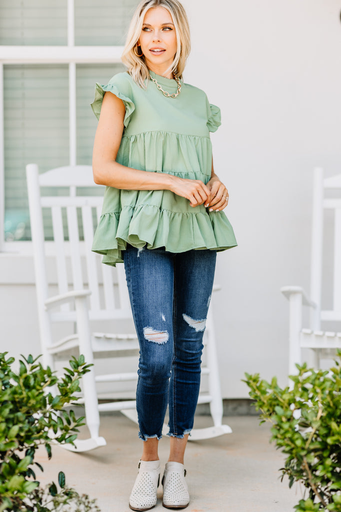 Casual Sage Green Tiered Top - Babydoll Tops – Shop The Mint