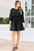 elastic waist, long bubble sleeve, black, black dress, round neckline
