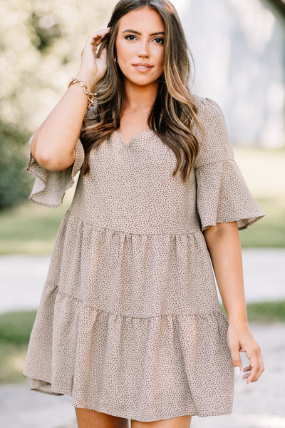 taupe and white polka dot dress