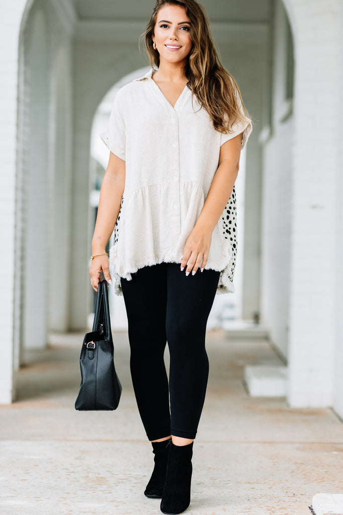 Comfy Oatmeal White Leopard Top - Casual Boutique Tops – Shop The Mint