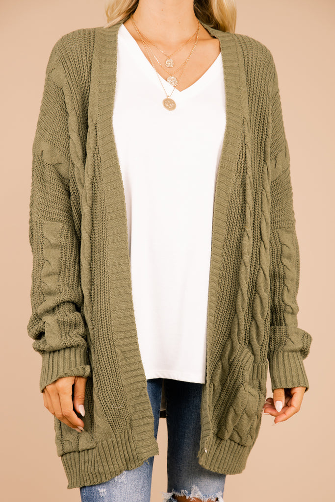 Classic Olive Green Cable Knit Cardigan Boutique Layers Shop The Mint