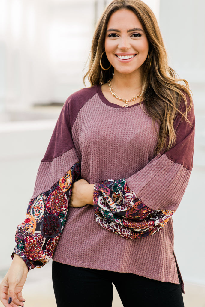 Boho Wine Red Mixed Print Top - Trendy Women's Tops – Shop The Mint