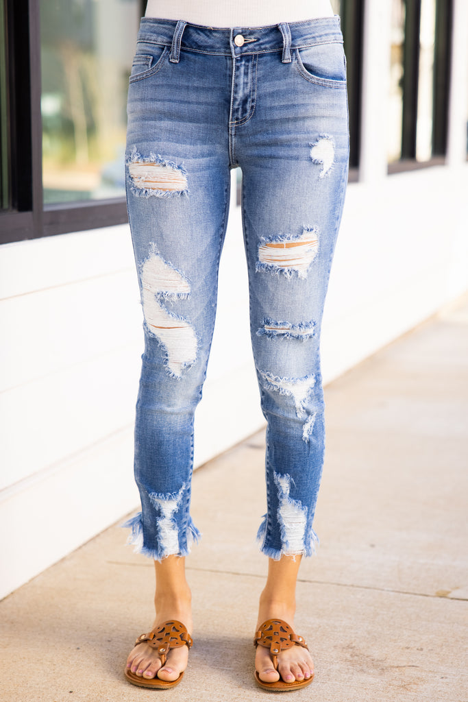 Edgy Medium Wash Distressed Ankle Jeans - Boutique Denim – Shop The Mint