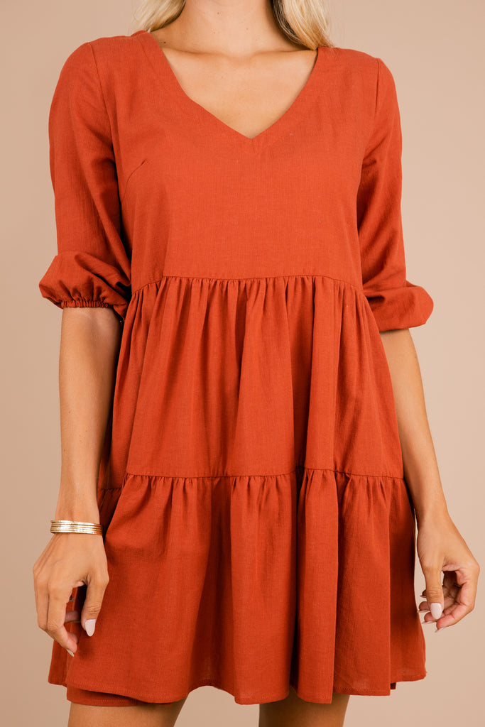 Classic Rust Orange Babydoll Dress - Trendy Boutique Dress – Shop The Mint