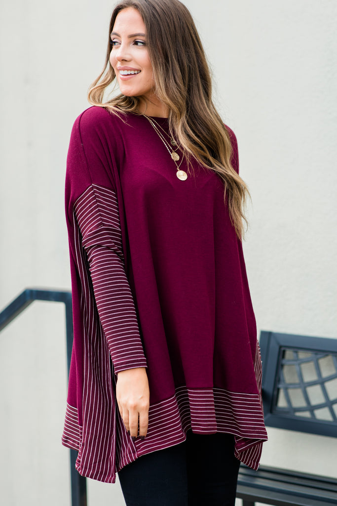 Oversized Wine Red Striped Poncho Top - Boutique Tops – Shop The Mint