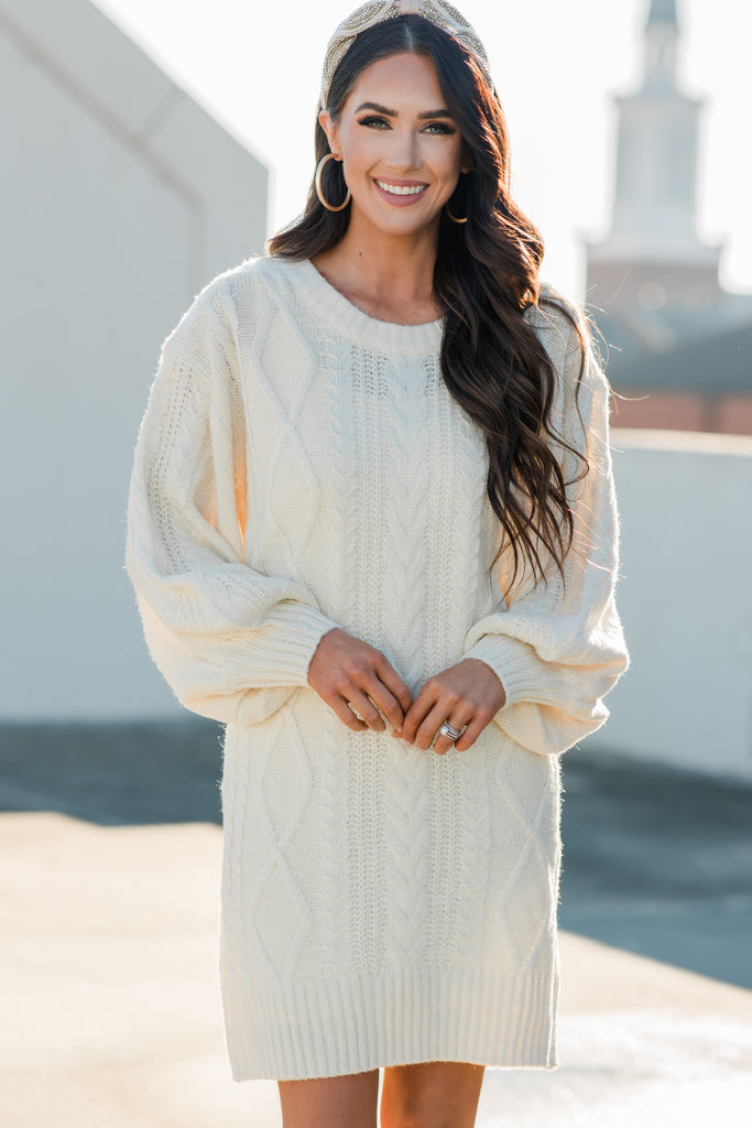 Chic Cream White Cable Knit Sweater Dress Cute Boutique Sweater