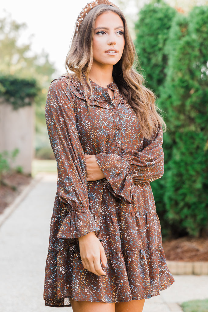 Classy Cocoa Brown Ditsy Floral Dress - Feminine Boutique Dresses ...