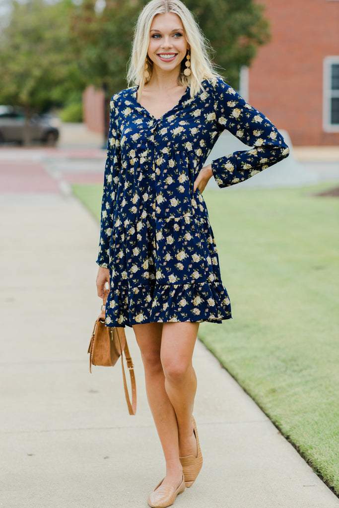 Feminine Navy Blue Ditsy Floral Dress - Women's Dresses – Shop The Mint