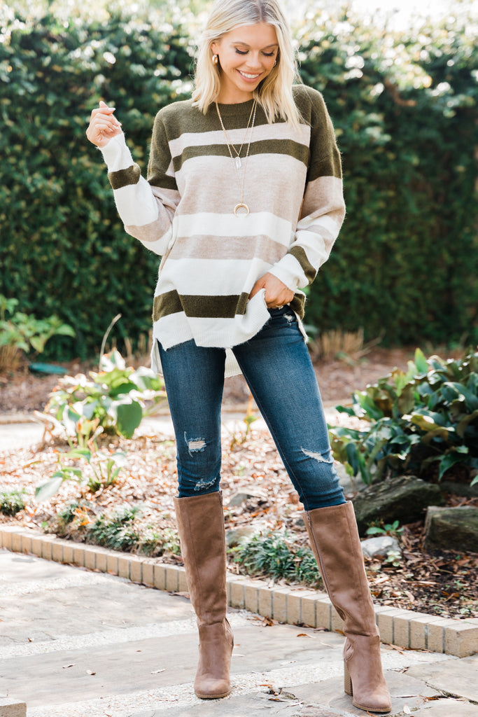 Comfy Olive Green Striped Sweater - Classic Sweaters – Shop The Mint