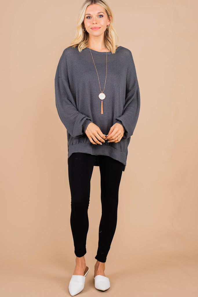 Feeling Relieved Charcoal Gray Waffle Knit Sweater Shop The Mint