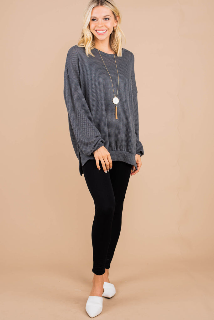 Feeling Relieved Charcoal Gray Waffle Knit Sweater Shop The Mint