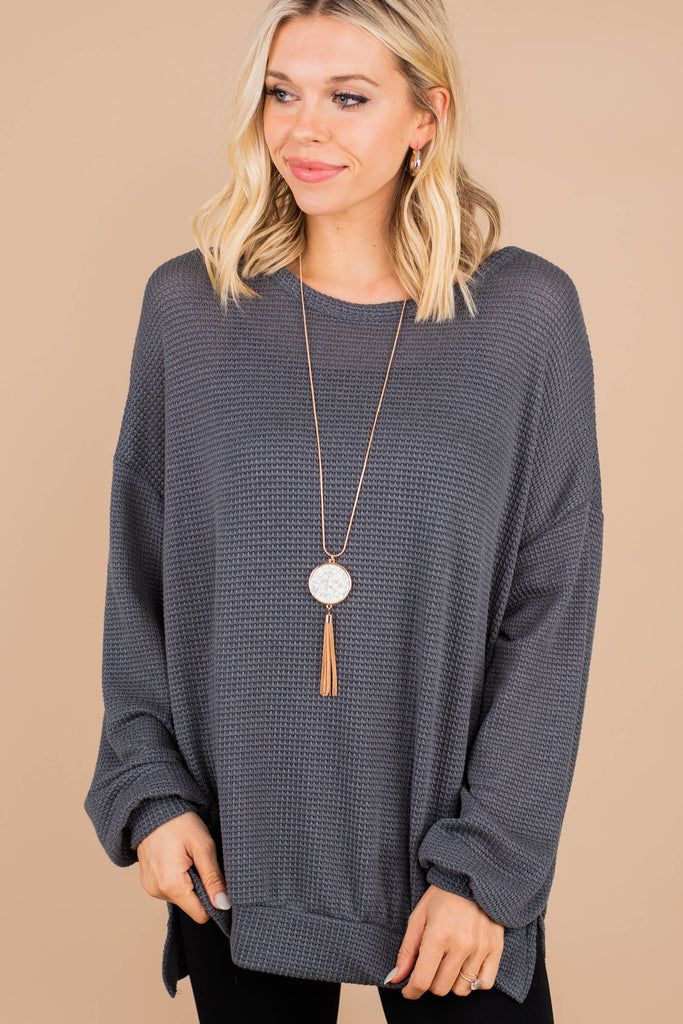 Feeling Relieved Charcoal Gray Waffle Knit Sweater Shop The Mint