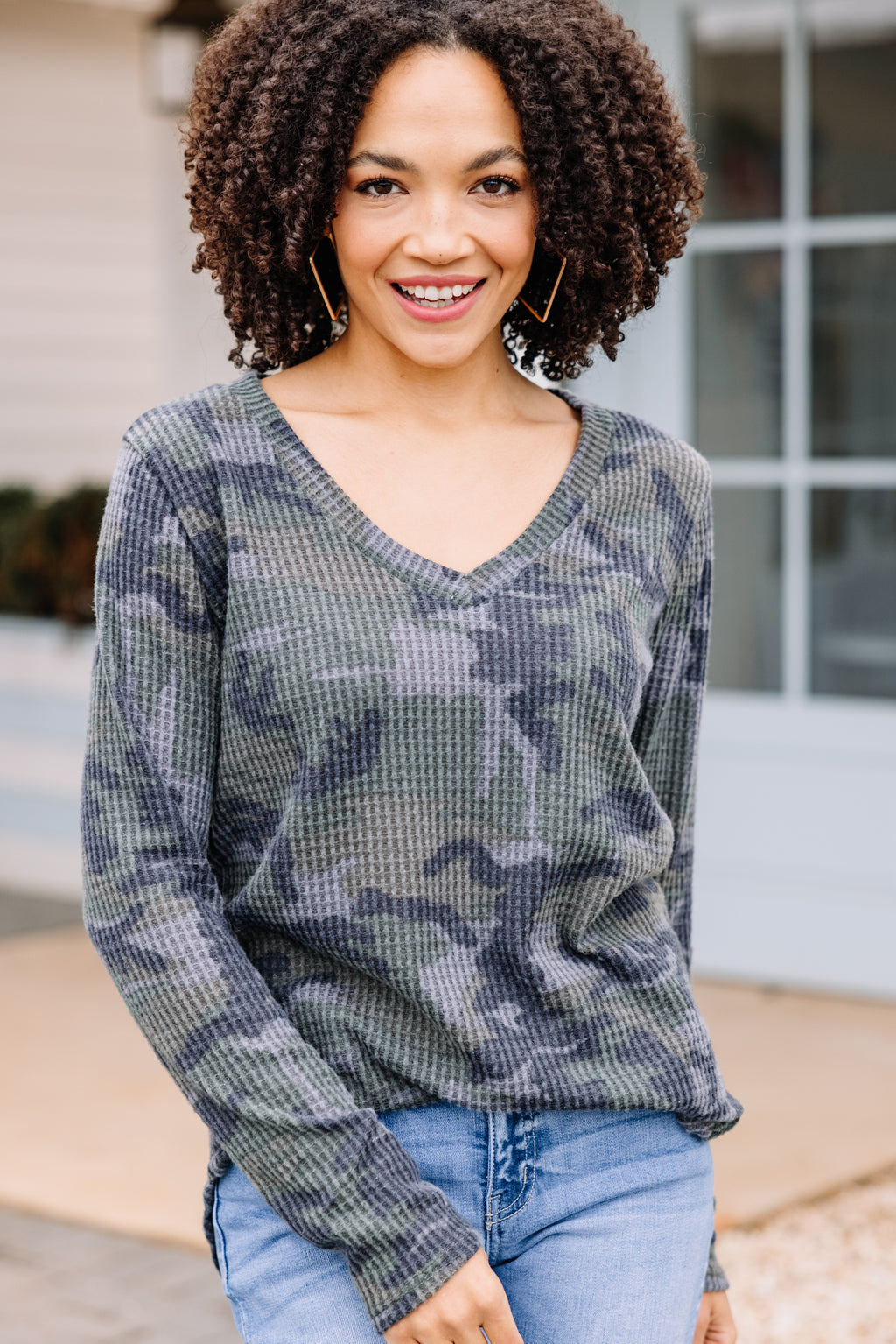 Comfy Olive Green Camo Waffle Top - Casual Women's Tops – Shop The Mint