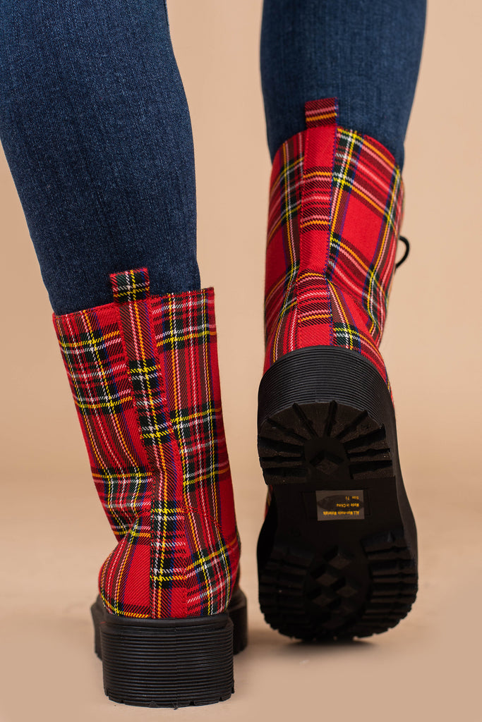 red plaid combat boots