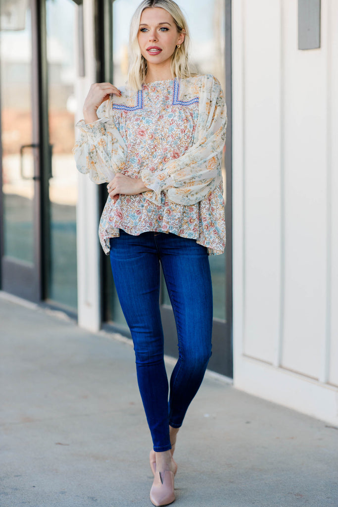 Pretty Cream White Floral Blouse - Feminine Spring Blouses – Shop The Mint