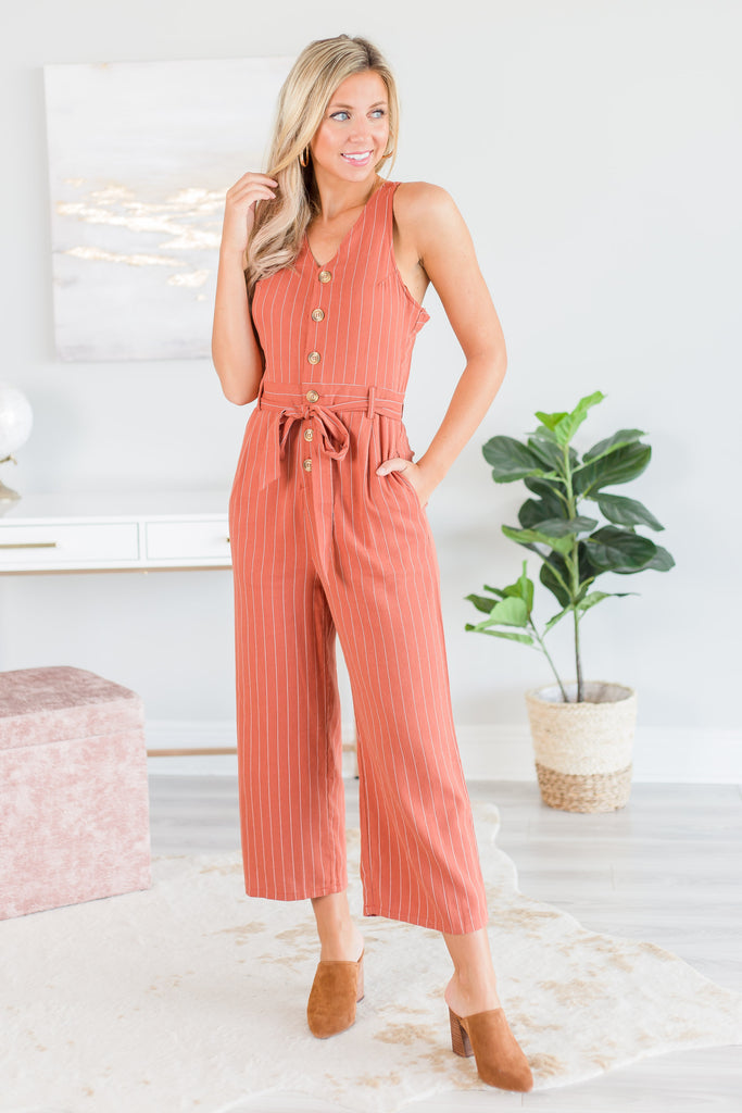 Chic Rust Orange Pinstripe Jumpsuit - Button Front – Shop The Mint