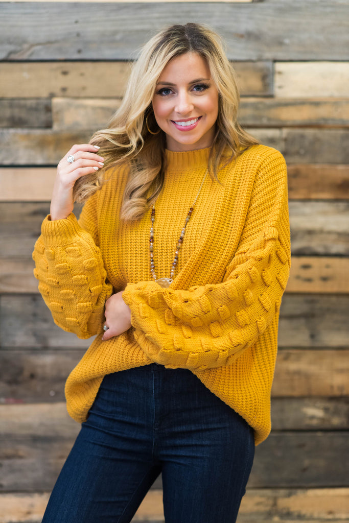 Cute Cozy Mustard Yellow Knit Sweater - Detailed Sleeve – The Mint ...