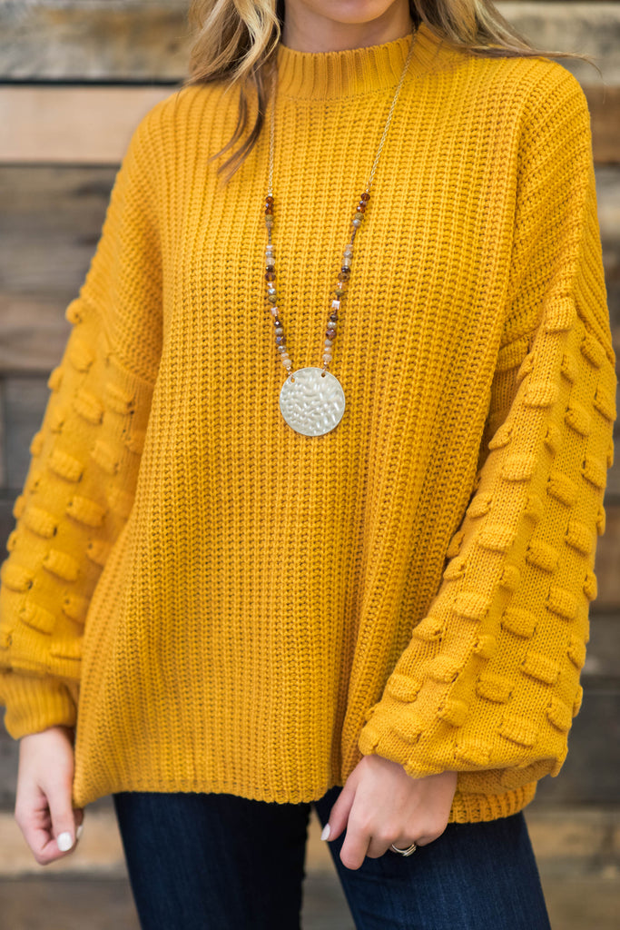 Cute Cozy Mustard Yellow Knit Sweater Detailed Sleeve The Mint