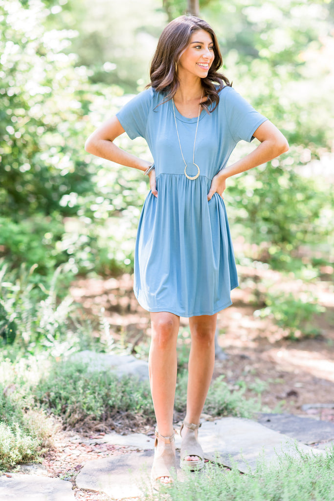 Playful Playlist Steel Blue Babydoll Dress – The Mint Julep Boutique