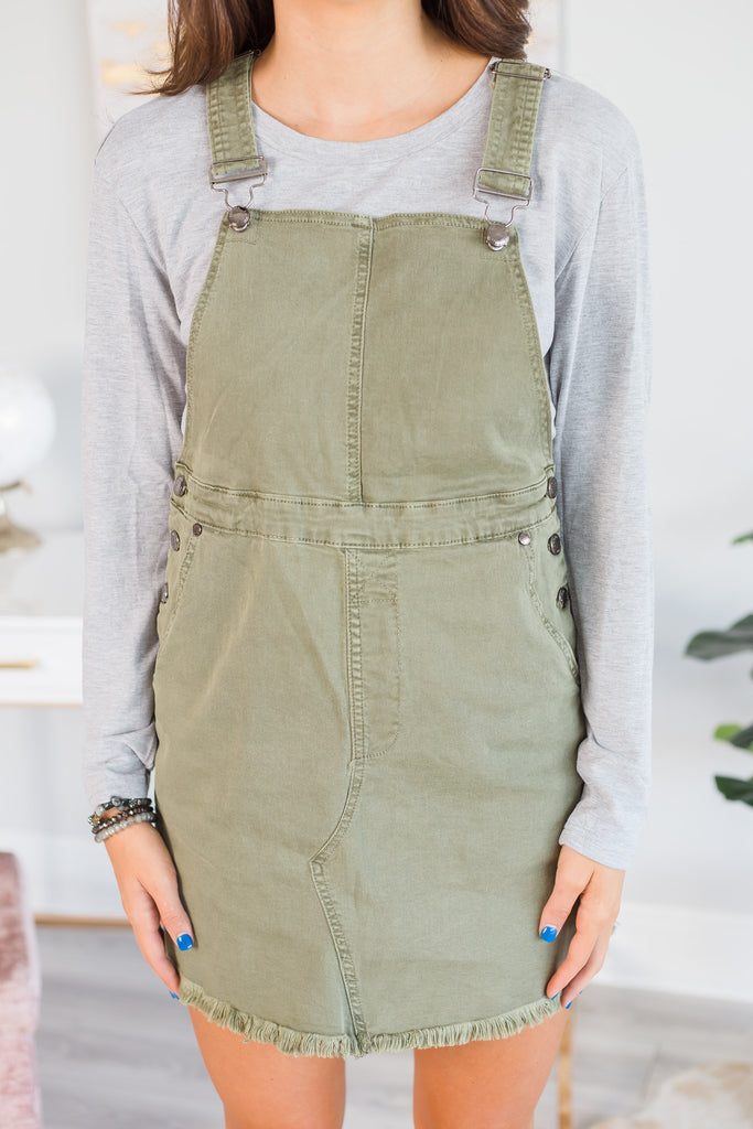 Causal Olive Green Overall Dress $64 – The Mint Julep Boutique