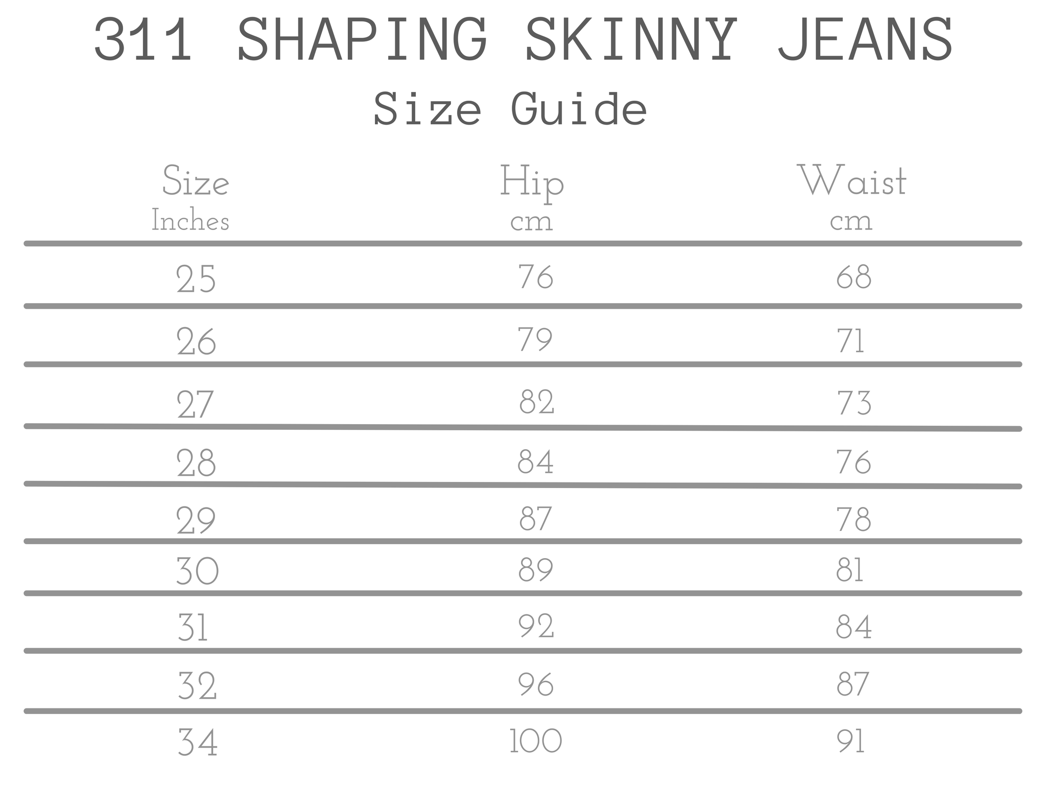 Levis size guide 311 shaping skinny