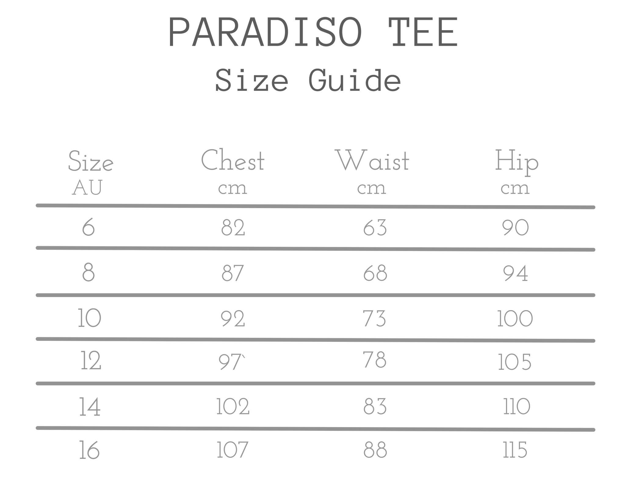 All About Eve Paradiso Tee Size Guide