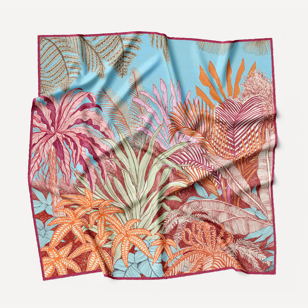 Aureum Tropical Palms Blue Silk Habotai Scarf