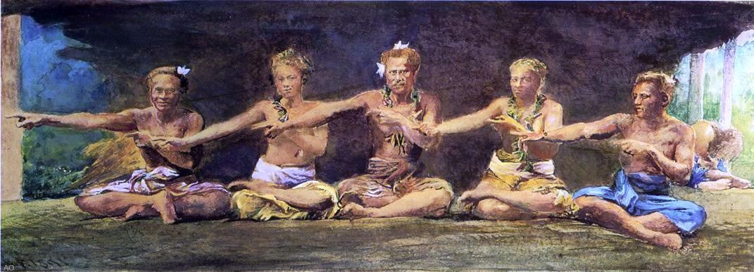Siva Dance, Five Figures, Vaiala, Samoa, Taele Weeping in the Corner by John La Farge - Hand Painted Oil Painting