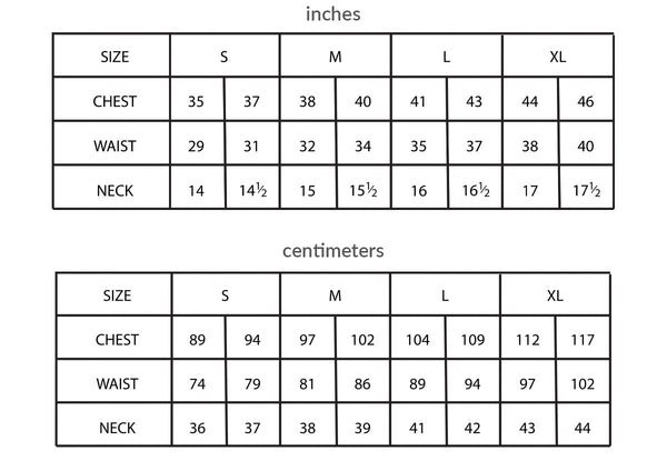 fair indigo mens size chart