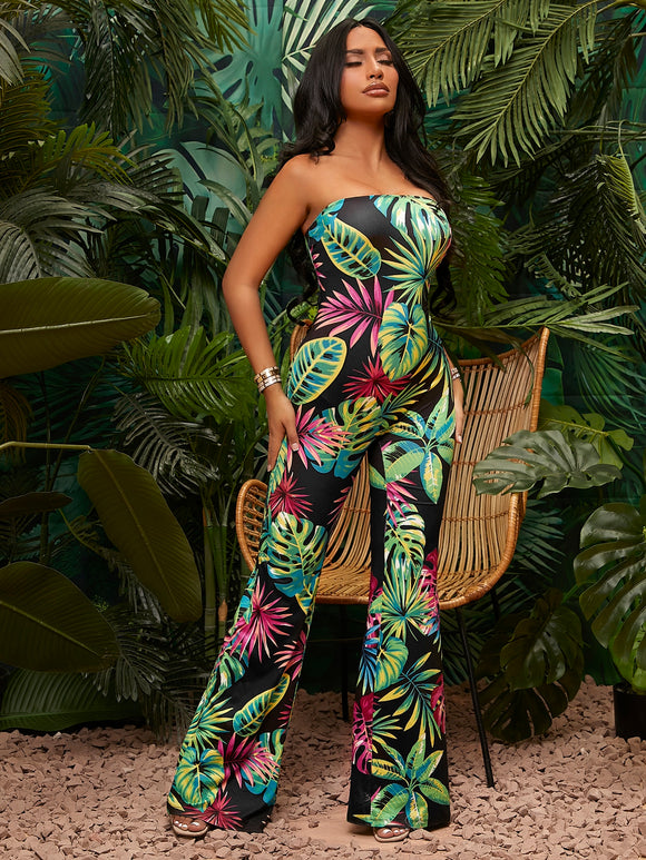 SXY Tropical Print Backless Tube Flare Leg Jumpsuit