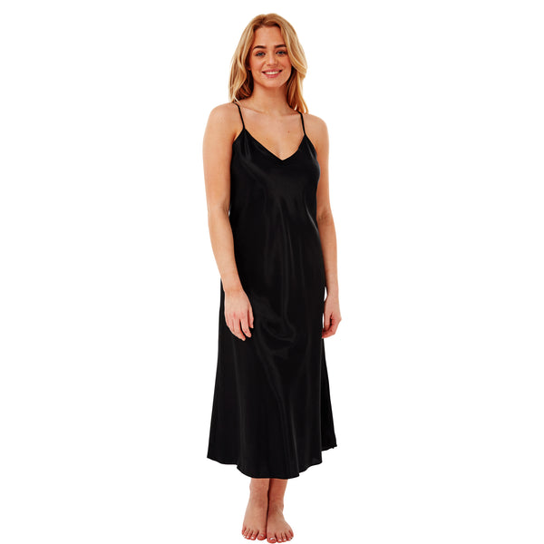 Long Full Length Plain Black Sexy Satin Chemise Nightdress PLUS SIZE ...