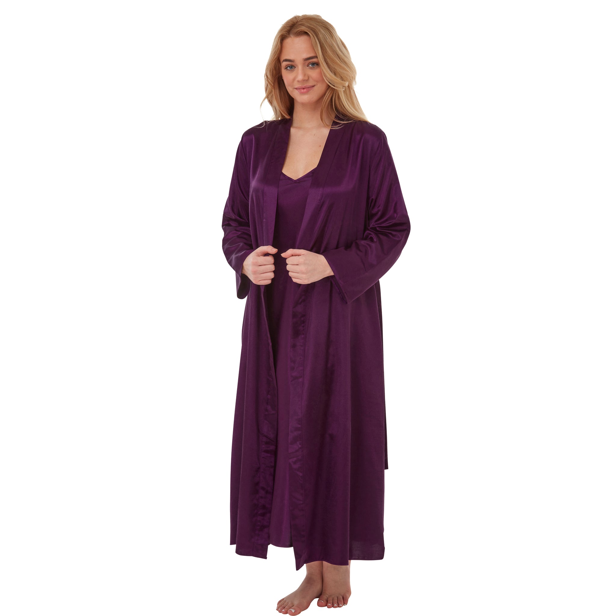 Matching Long Full Length Purple Sexy Satin Nightdress & Wrap Set PLUS ...