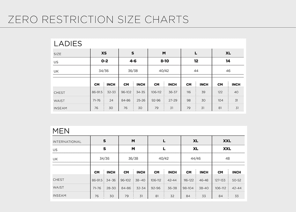 Size Chart Zero Restriction