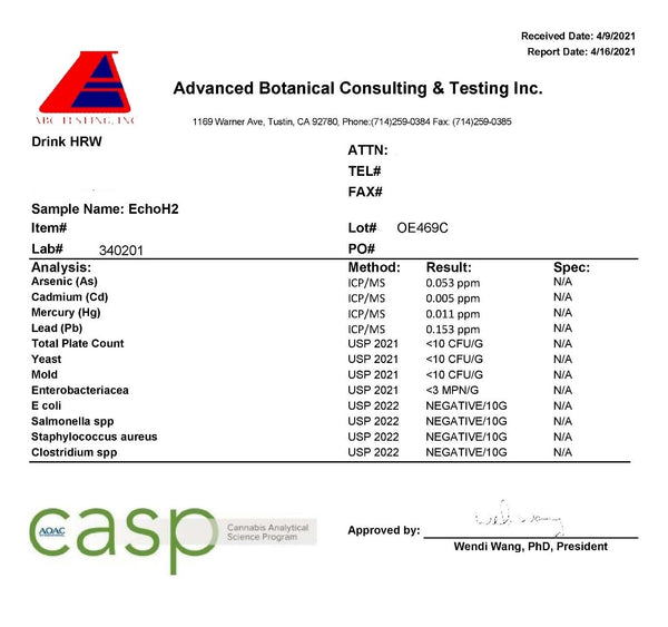 Microbiological Test Results For Echo Hydrogen Tablets