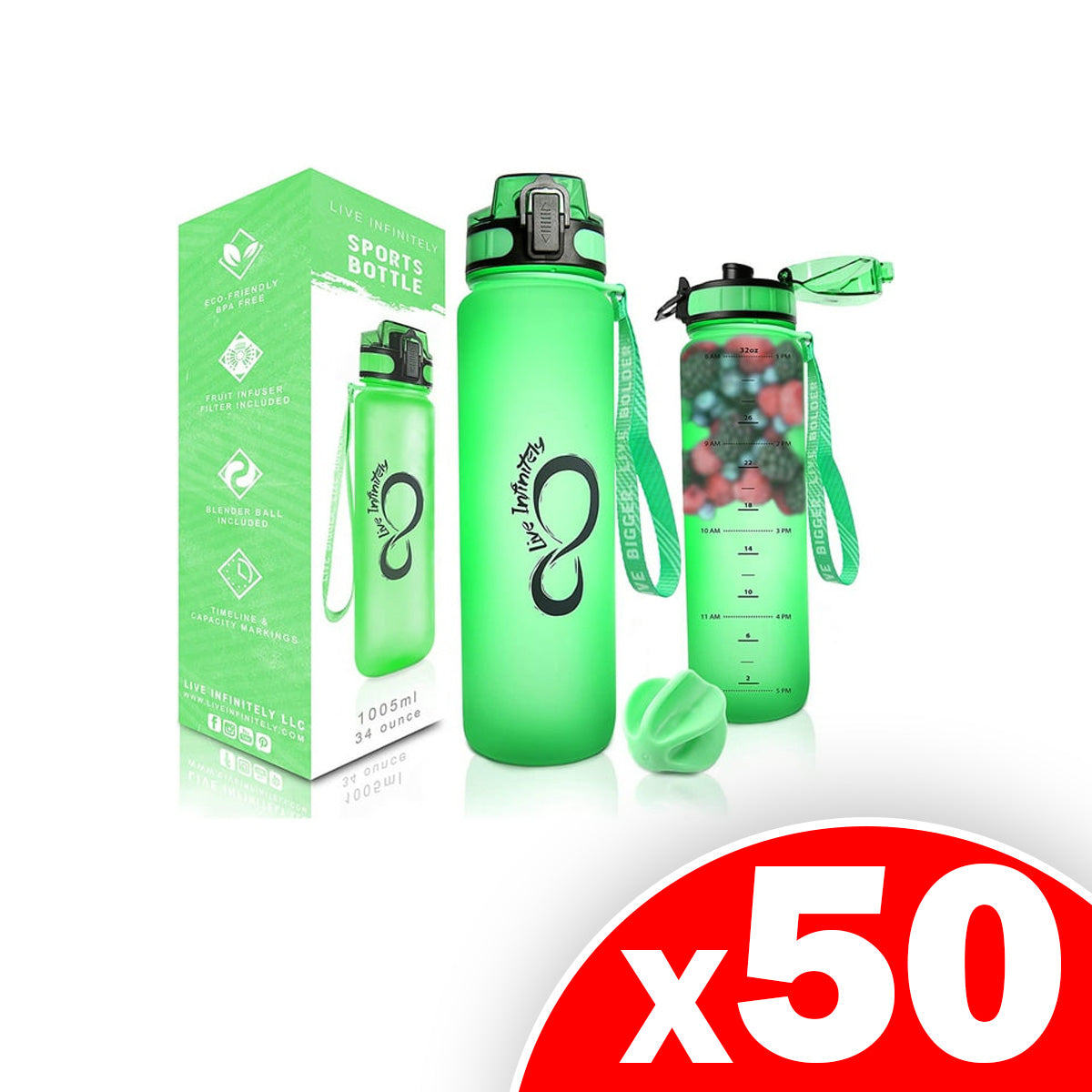 Image of Live Infinitely Gym Water Bottle with Time Marker Fruit Infuser and Shaker 34 Oz Lime, 50 Pack