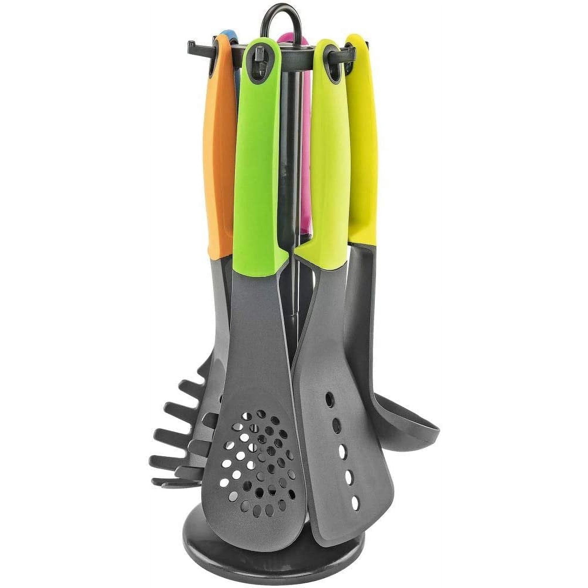 Image of Set of 7 Kitchen Utensils w/Holder, Silicone Handles - Includes Ladle, Spatula, Spoon, Spaghetti Server, and More