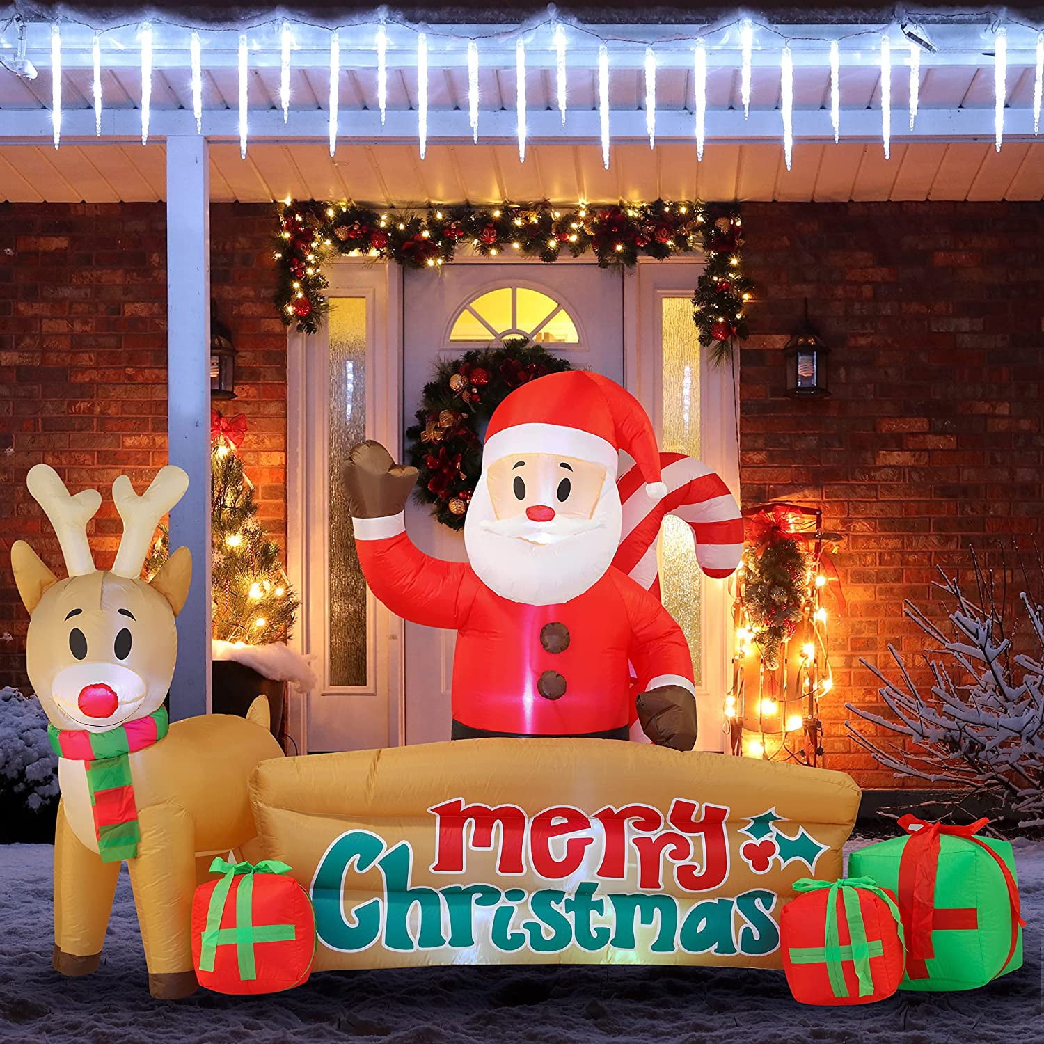 Image of 10 FT Long Christmas Inflatable Santa & Reindeer with Merry Christmas Sign, Christmas Inflatable Outdoor Decoration With Build-in LEDs for Xmas Party Indoor, Outdoor, Yard, Garden, Lawn Dcor