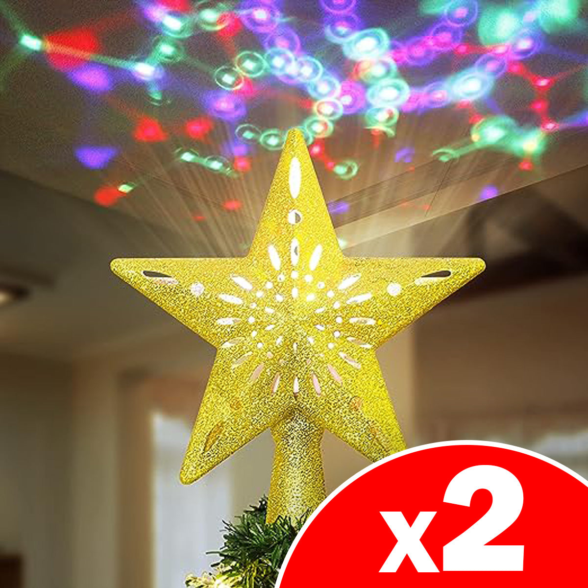 Image of Lighted Star Christmas Tree Topper with Rotating LED Projector, 2 Pack