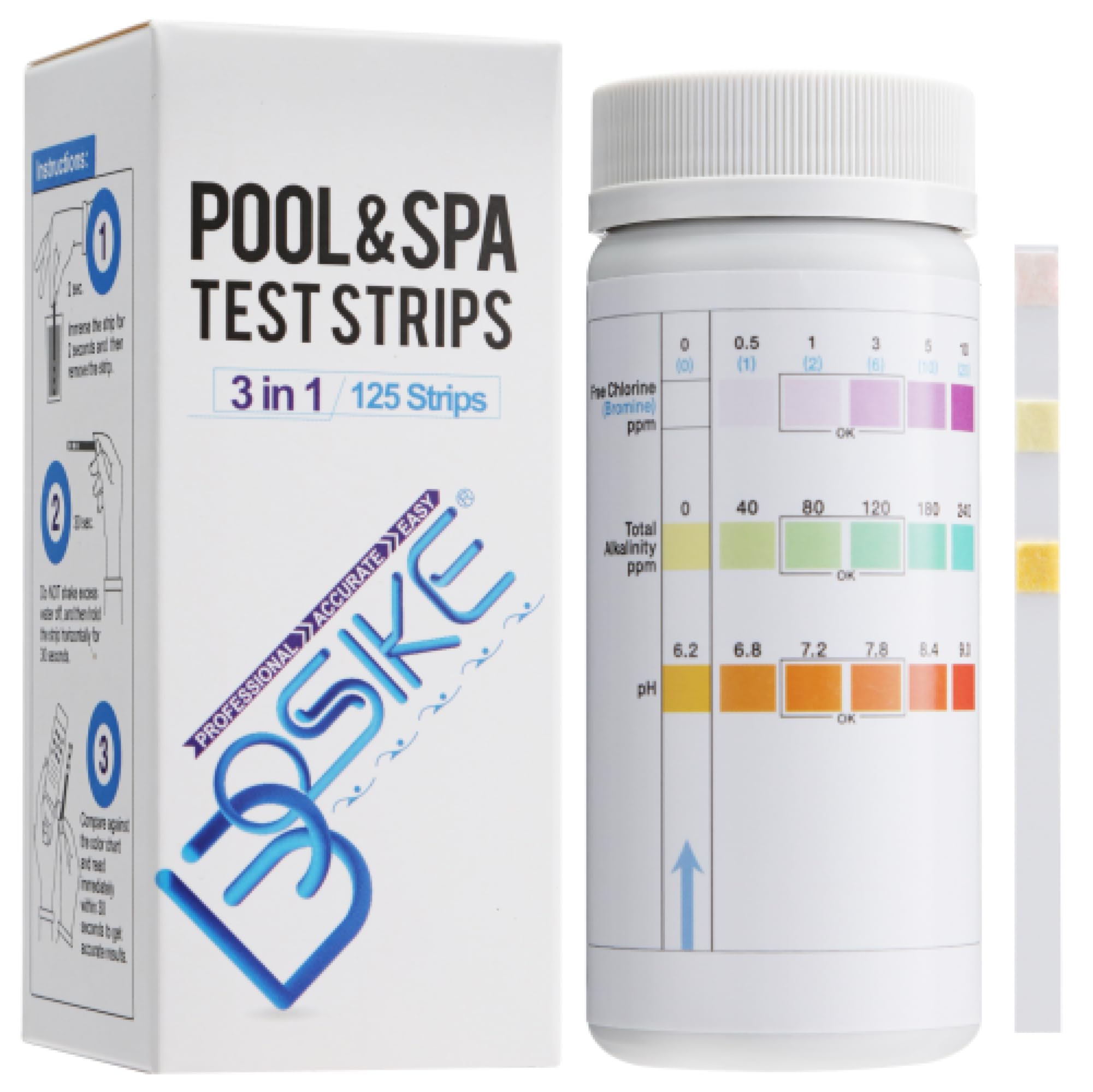 Image of BOSIKE 3 in 1 Hot Tub Test Strips - 125 ct - Water Testing Kit for Swimming Pool & Spa - Tester for Alkalinity, Free Chlorine Bromine & pH Pool Test Strips 3 in 1