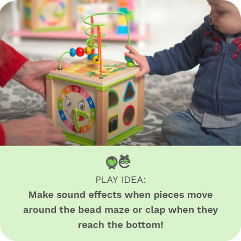 PLAY IDEA: Make sound effects when pieces move around the bead maze or clap when they reach the bottom!