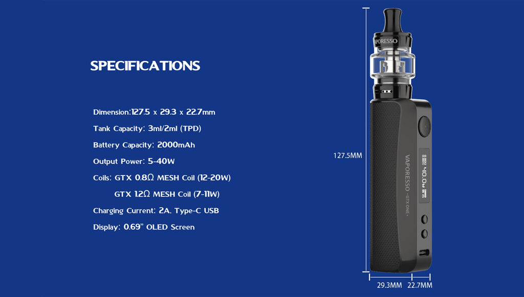 Vaporesso GTX One Mod Kit / GTX Tank 18 / 2000mAh - 3ml - Specs